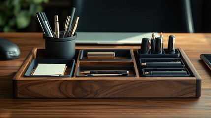 Walnut Desk Organizer with Gold and Black Pens