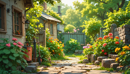 Obraz premium Charming garden pathway lined with blooming flowers, inviting serenity