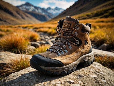 A pair of well-worn hiking boots sits on a rugged, rocky trail, their scuffed leather and dirt-streaked soles telling stories of countless adventures through wild terrain