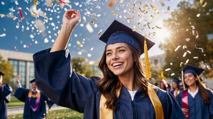 Joyful graduate celebrating with confetti outdoors, achievement moment
