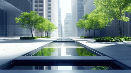 Obraz premium A minimalist urban plaza surrounded by modern skyscrapers, featuring water features, greenery, and clean paved areas.