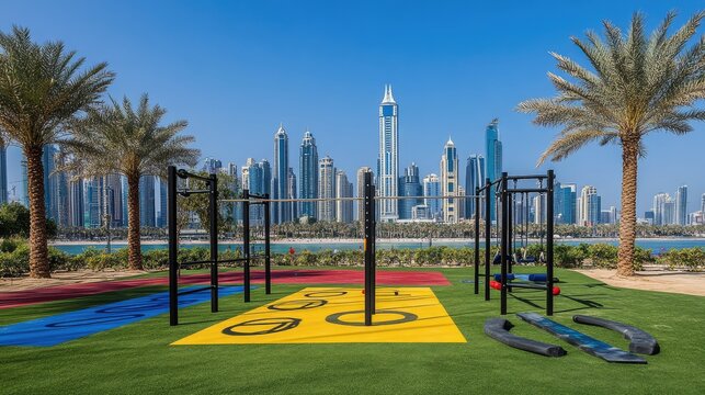 A minimalist outdoor fitness area featuring parallel bars and rings, surrounded by palm trees and a vibrant urban backdrop.