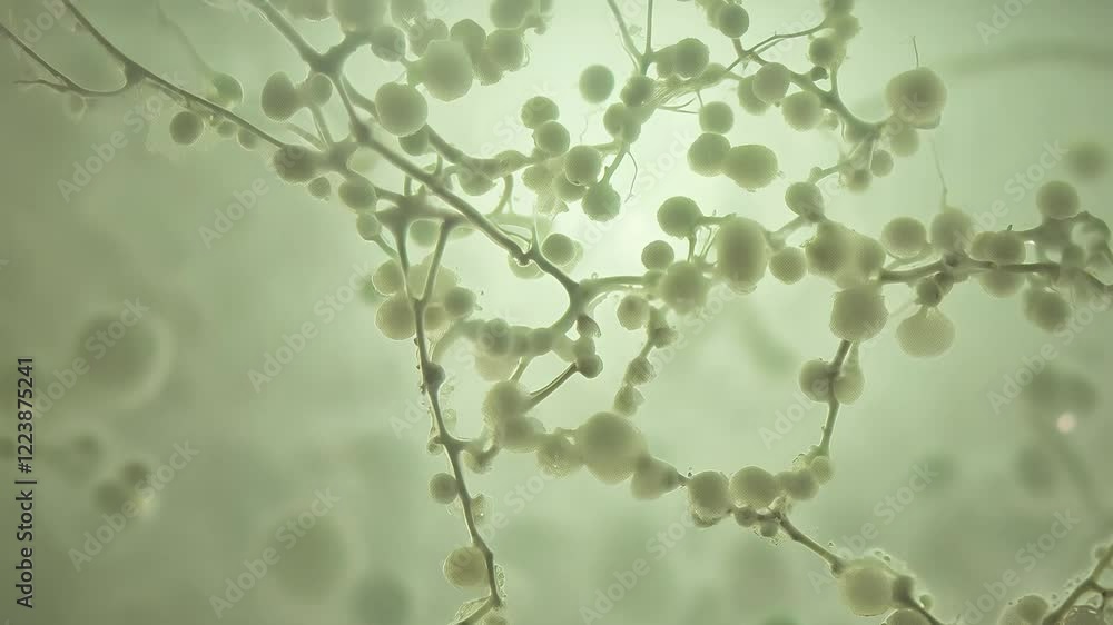 Poster timelapse video of organic cellular structures in greens and browns, branching and dividing cell-lik