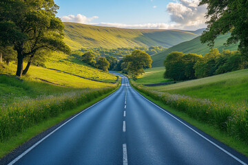 A Smooth Freshly-Paved Highway Stretching Through Rolling Hills and Open Countryside