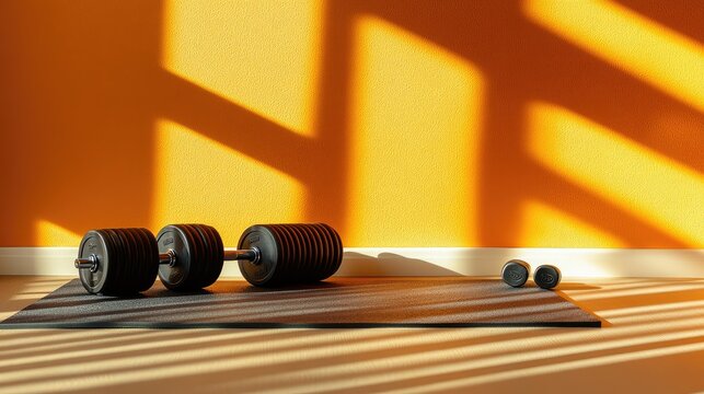 A neat setup featuring an exercise mat, light weights, and a foam roller placed in a brightly lit corner.