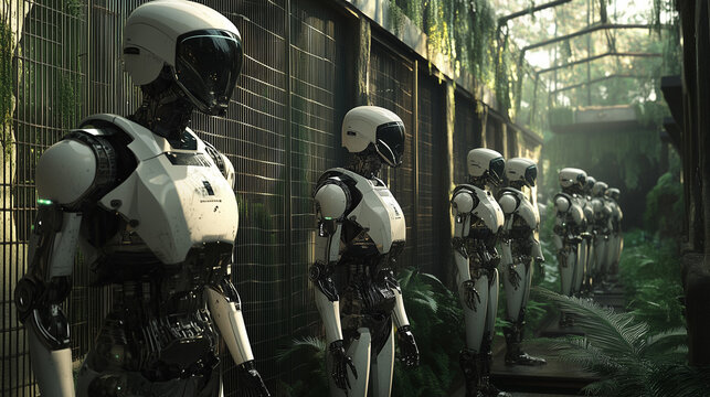 Futuristic robots on display in an overgrown urban facility showcasing advanced robotics and technology