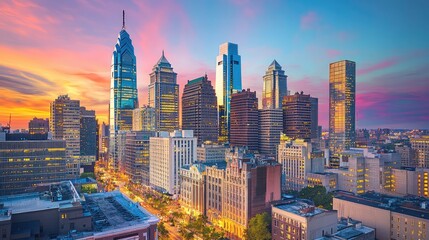 Obraz premium A panoramic urban skyline at twilight, showcasing a mix of historic and modern buildings, all glowing with vibrant lights.