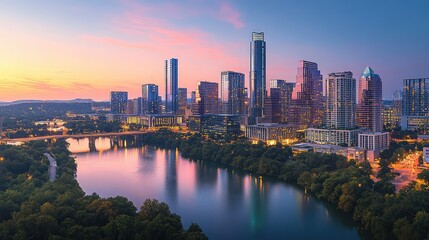 Obraz premium A panoramic urban skyline at twilight, showcasing a mix of historic and modern buildings, all glowing with vibrant lights.