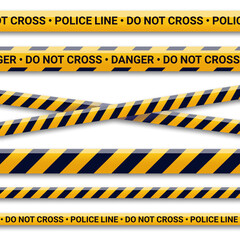 Set of caution tapes with yellow and black color isolated white background. Warning tape collection. Crossed police warning vector illustration. Lines in construction site, dangerous zone, crime scene
