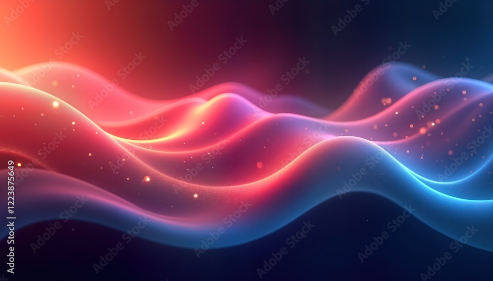 Poster abstract illustration of vibrant flowing waves. dynamic blend of red pink, blue light creates seamle