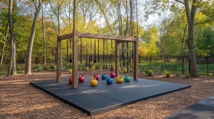 A picturesque outdoor fitness area with colorful kettlebells and resistance bands on a rubberized platform in a park setting.