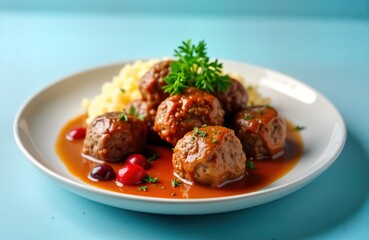 Fototapeta premium Traditional Swedish meatballs served with delicious meat sauce, fluffy mashed potatoes. Dish presented on white plate against light blue backdrop. Image tasty, comforting meal perfect for lunch