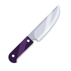 Knife icon isolated on white background. Knife vector illustration in cartoon style with purple handle and shiny blade. Basic kitchen knife in trendy style. Design for cooking and kitchen tool.