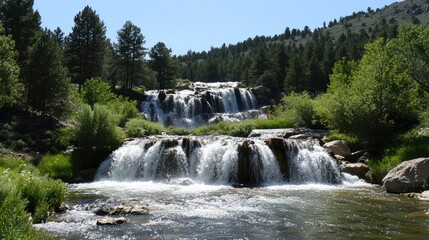 Obraz premium A picturesque waterfall with multiple tiers, flowing over smooth rocks and framed by dense green trees.