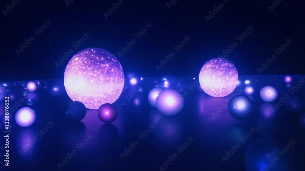 Poster dolly ambient video with softly glowing orbs in a deep indigo and violet palette, the orbs gently pu
