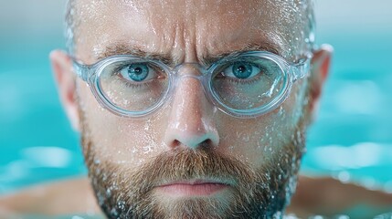 Fototapeta premium Man with glasses in pool, intense gaze, water droplets