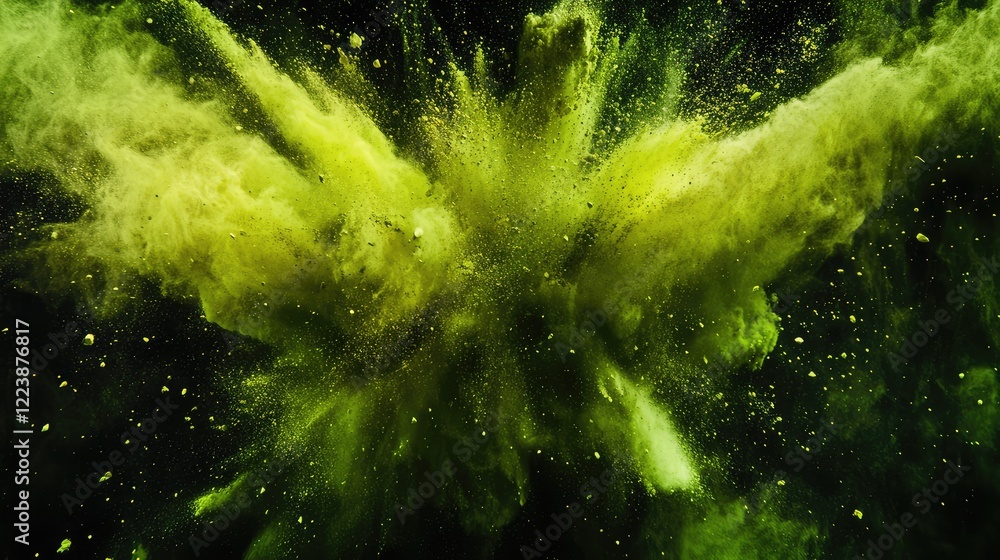 Poster a radiant mix of green and yellow powders exploding outward, creating a visually compelling and ener