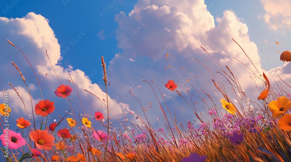 Poster A serene meadow with colorful flowers and tall grass swaying gently under a partly cloudy sky.