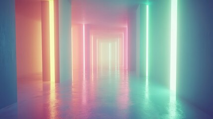 Futuristic Neon Corridor Pastel Colored Lights Abstract Background Glowing Illumination Modern