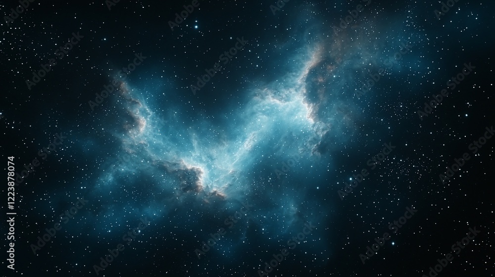 Poster cosmic nebula with blue and white glowing gas clouds in dark space.