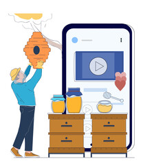 Beekeeper holding a honeycomb near modern smartphone interface, honey jars, and beehives on white background. Concept of beekeeping and honey production. Flat line art vector illustration