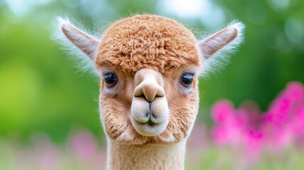 Obraz premium Fluffy alpaca close-up, green field, pink flowers, farm animal portrait