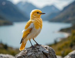 Retrato pájaro amarillo y blanco posado sobre una roca con un lago y montañas de fondo