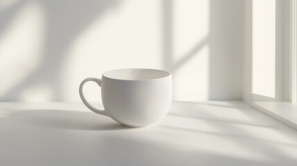 Fototapeta premium Simple white mug on a white surface, bathed in soft sunlight. Minimalist aesthetic.