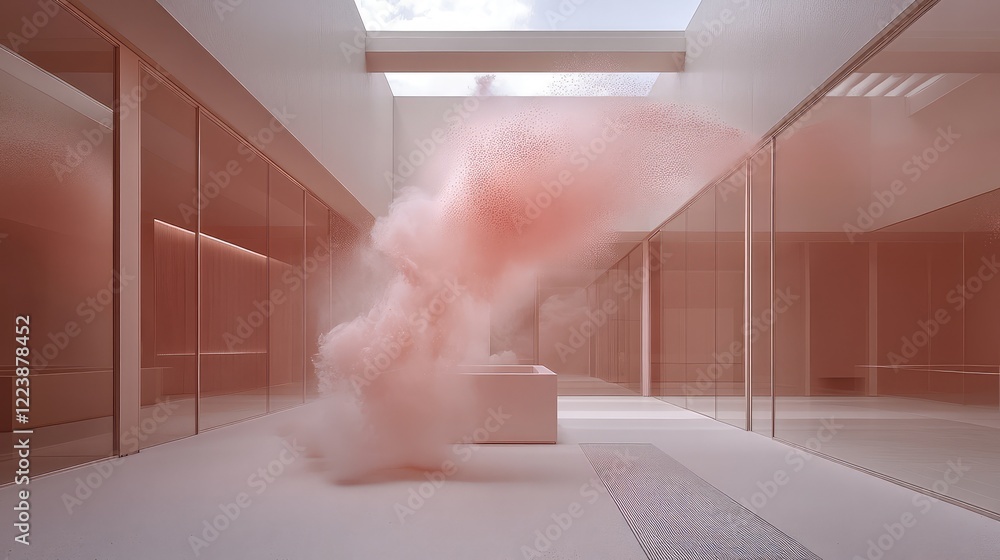 Poster a soft and elegant explosion of pink and white powder, creating a subtle abstract image suitable for