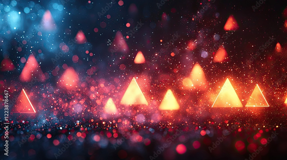Poster glowing triangles and sparkling dust create festive scene