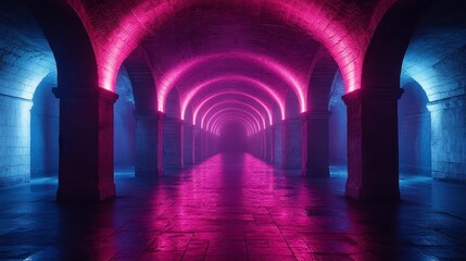 Obraz premium Neon lit Archway Corridor Pink and Blue Glowing Lights in Ancient Stone Hallway