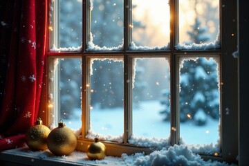 Naklejka premium Snowy windowpane with golden ornaments and a festive background, snow, holiday