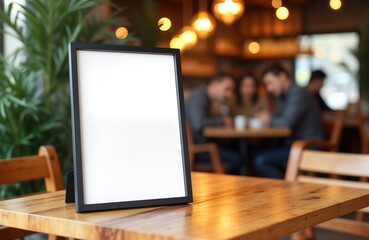 Blank menu frame stands on wooden table in cafe. Blurred background shows people dining. Modern design for restaurant booklet. White sheet paper acrylic tent card. Blank template for menu design.