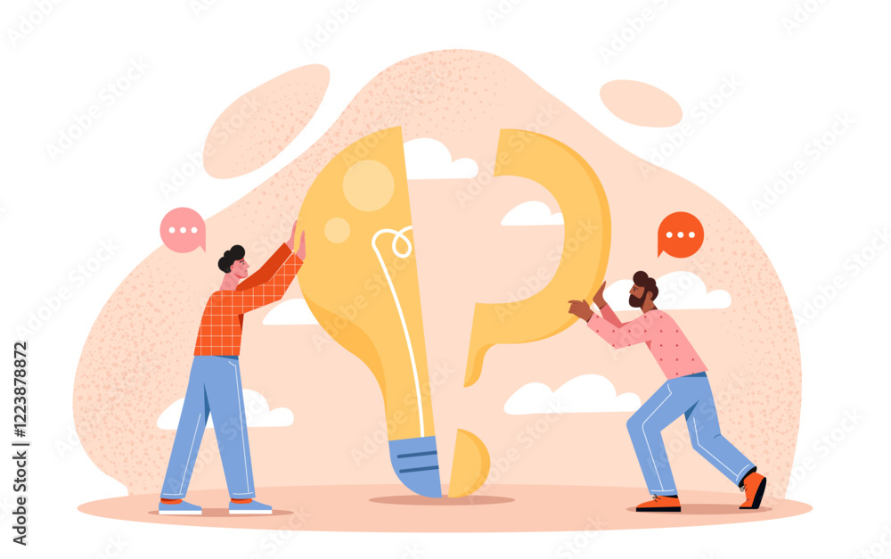 Poster two people assembling a light bulb and question mark against a textured background with speech bubbl