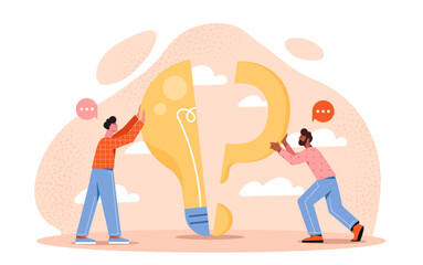 Two people assembling a light bulb and question mark against a textured background with speech bubbles, symbolizing problem-solving and teamwork. Flat cartoon vector illustration