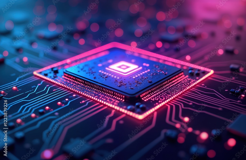 Poster Closeup view of computer chip on circuit board. High tech digital design. Bright glowing lines, vibrant colors highlight circuit pathways. Integrated circuit board central tech element. Modern,