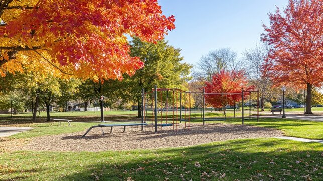 A vibrant park featuring calisthenics equipment, pull-up bars, and parallel bars surrounded by trees and open grassy areas.