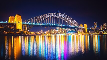 A wide-angle shot of an iconic urban bridge illuminated at night, with its reflection sparkling on the river below.