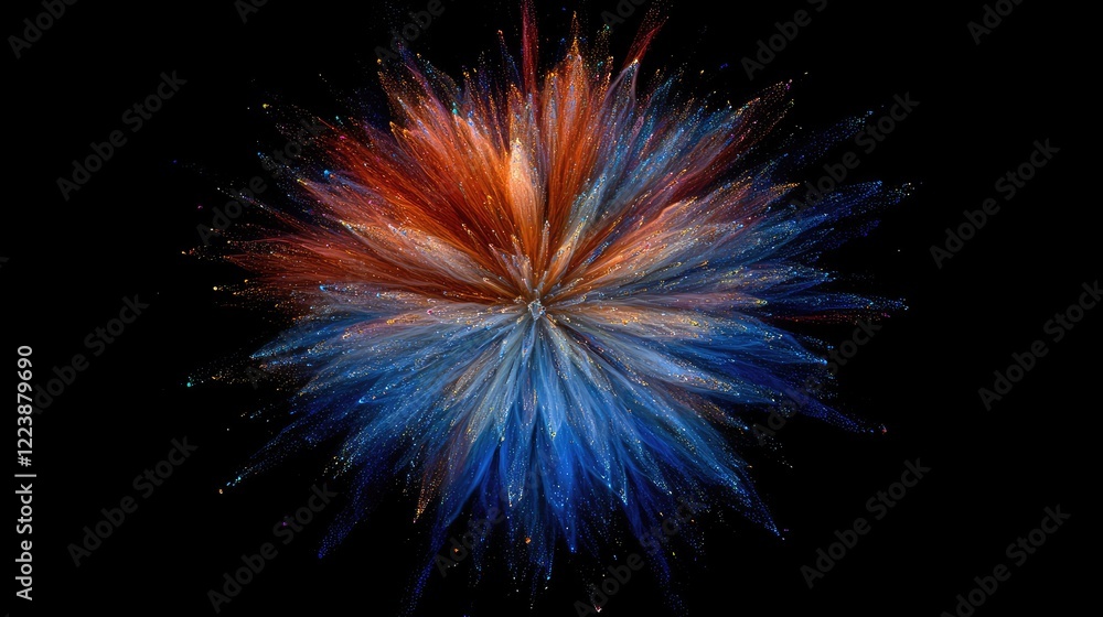 Poster bright multi-colored powder creating a circular explosion effect, resembling a firework display froz