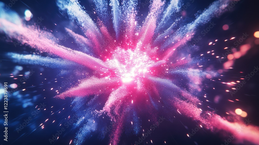 Poster bright multi-colored powder creating a circular explosion effect, resembling a firework display froz