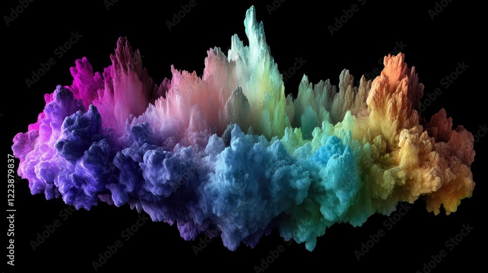 Poster bright rainbow powders blending seamlessly as they explode mid-air, creating a harmonious and eye-ca