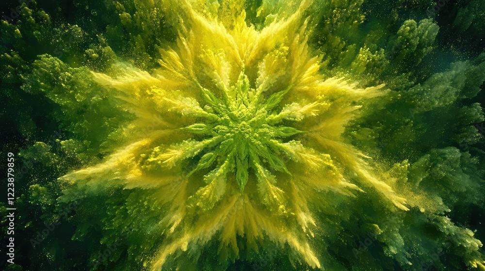 Aufkleber bright yellow and green powders exploding outward in a circular pattern, symbolizing freshness and v