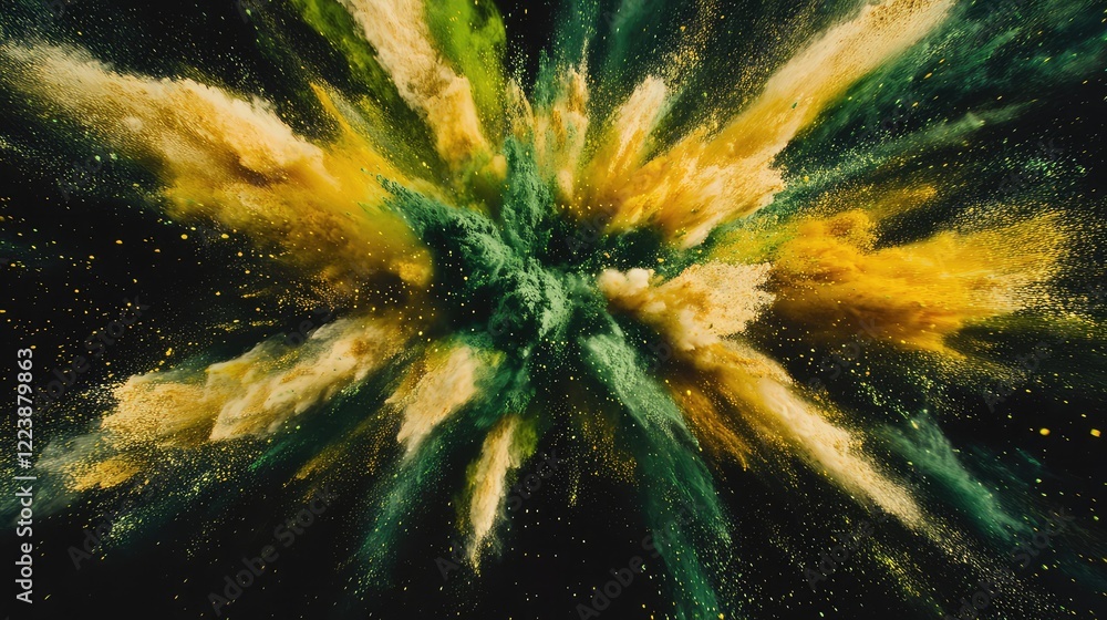Poster bright yellow and green powders exploding outward in a circular pattern, symbolizing freshness and v