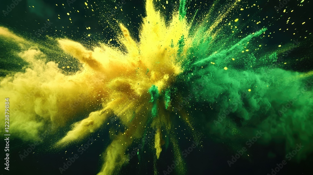Poster bright yellow and green powders exploding outward in a circular pattern, symbolizing freshness and v