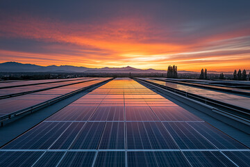 Fototapeta premium A Green Energy Warehouse at Dusk, Rows of Eco-Conscious Equipment Highlighting the Future of Sustainable Power