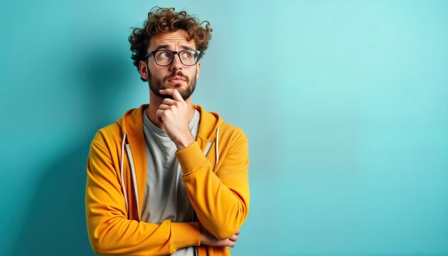 Man poses thoughtful on pastel blue background. Wears trendy yellow hoodie over gray shirt. Looks pensive with thoughtful expression, seems to considering solution. Studio portrait displays casual