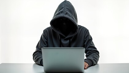 Person wearing dark hoodie sits at desk, focused on laptop. Hidden face, secretive action suggests possible illicit tech activity. Potential online crime data breach in progress. Modern cybercrime