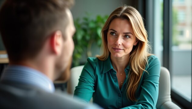Lawyer attentively listens to client concerns in comfortable office. Empathetic, focused communication creates trust, support in advisory meeting. Pro setting emphasizes collaboration, understanding.