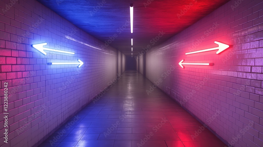 Poster neon arrows in contrasting blue and red pointing in different directions, creating a bold and energe
