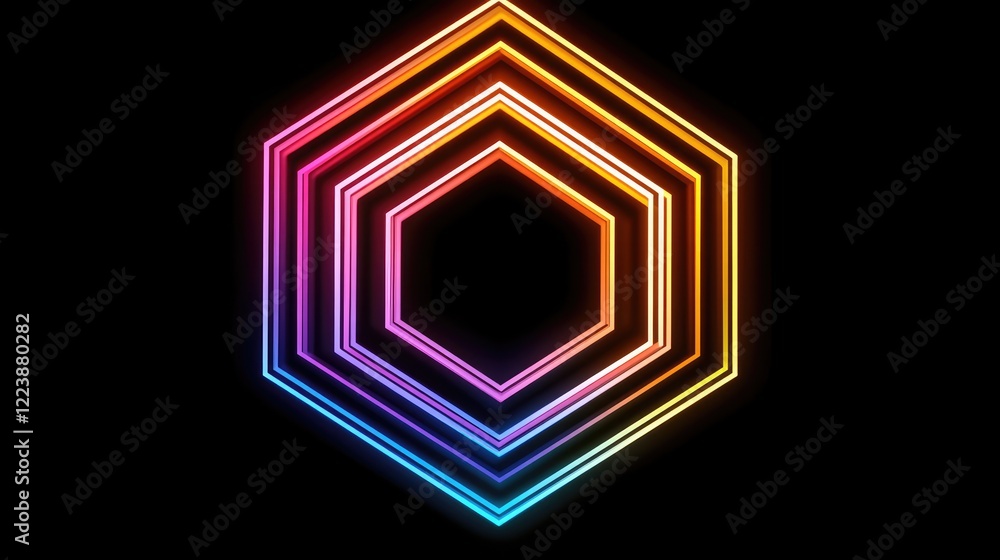 Poster neon outlines of hexagons in gradient colors, layered in a futuristic d composition with glowing edg